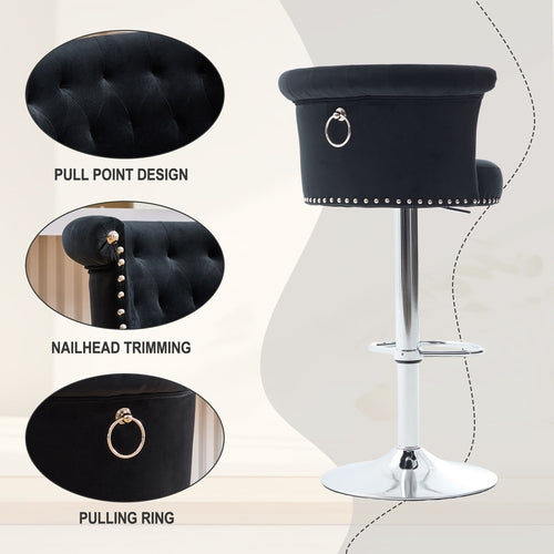 Velvet Bar Stool Set of 2, Adjustable Swivel Bar Stools with Silver