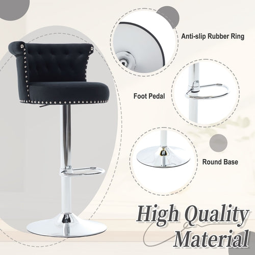 Velvet Bar Stool Set of 2, Adjustable Swivel Bar Stools with Silver