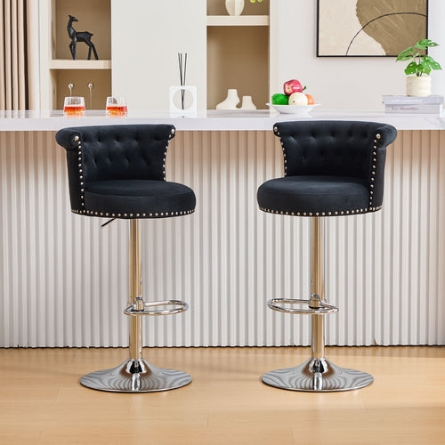 Velvet Bar Stool Set of 2, Adjustable Swivel Bar Stools with Silver